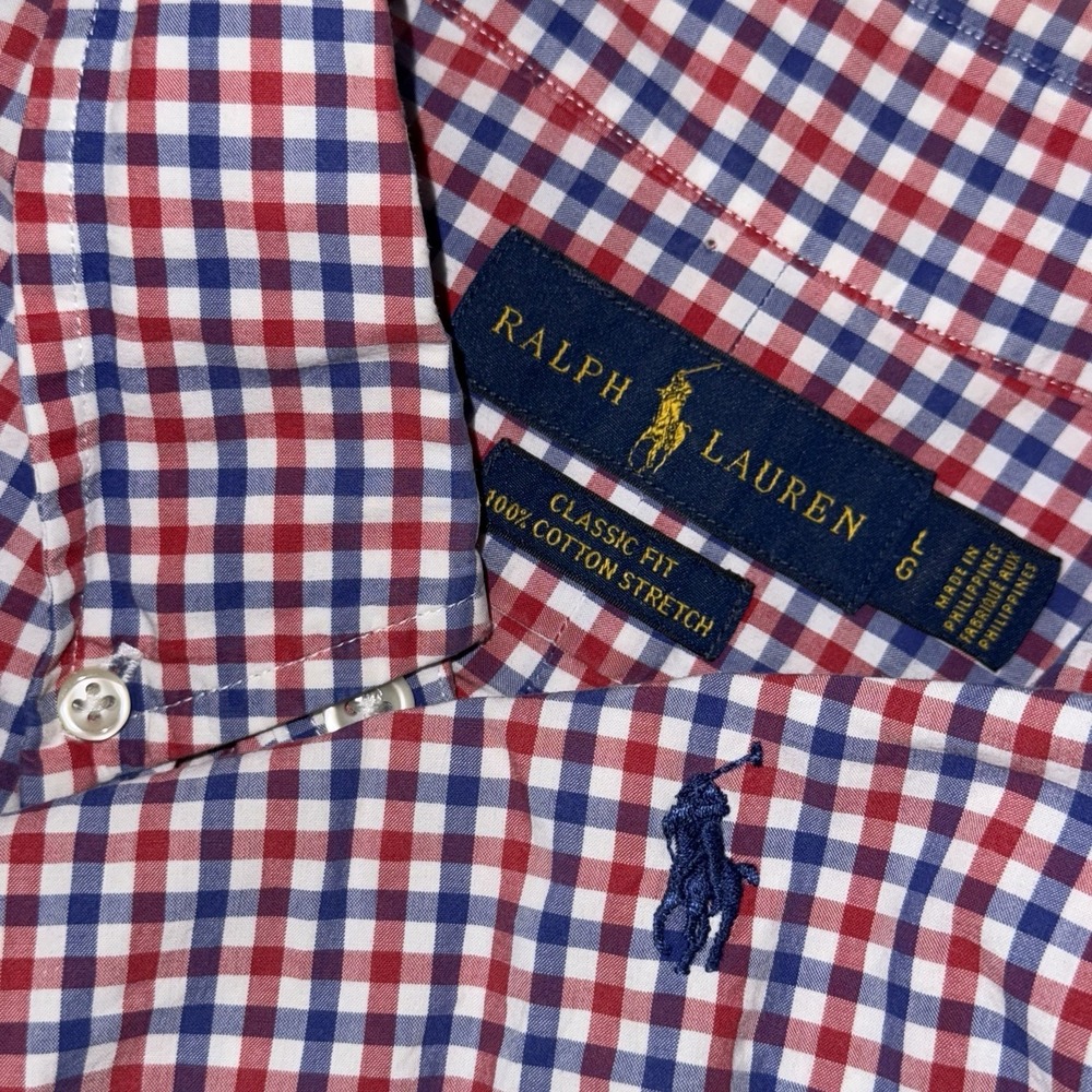 Polo Ralph Lauren Long Sleeve Cotton Stretch Oxford Men's L Red White Blue Check